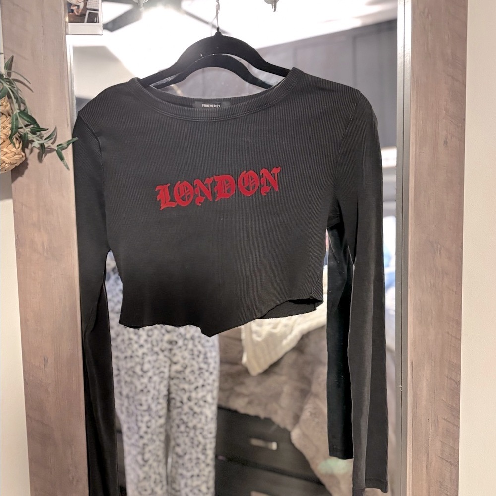 Forever 21 Black Asymmetrical Crop Tee with Red Graphic